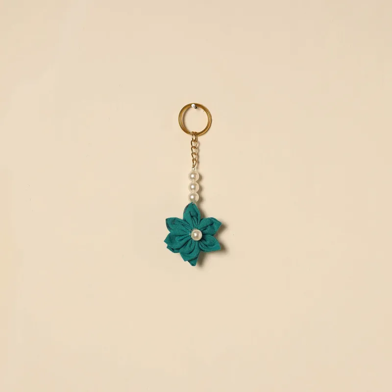 Green - Beaded Fabart Flower Keychain 52 made by Itokri