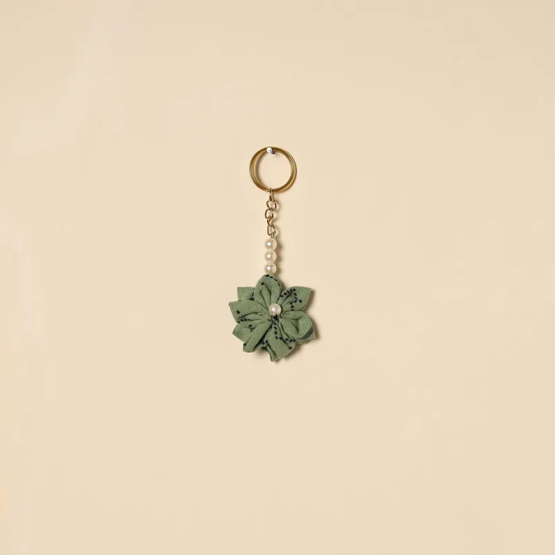 Green - Beaded Fabart Flower Keychain 45 made by Itokri