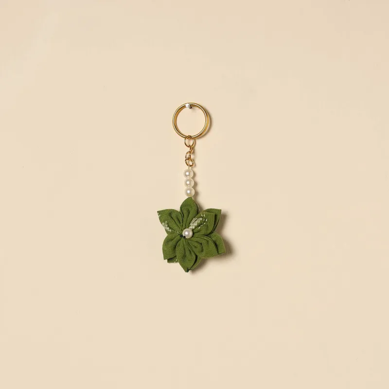 Green - Beaded Fabart Flower Keychain 12 made by Itokri