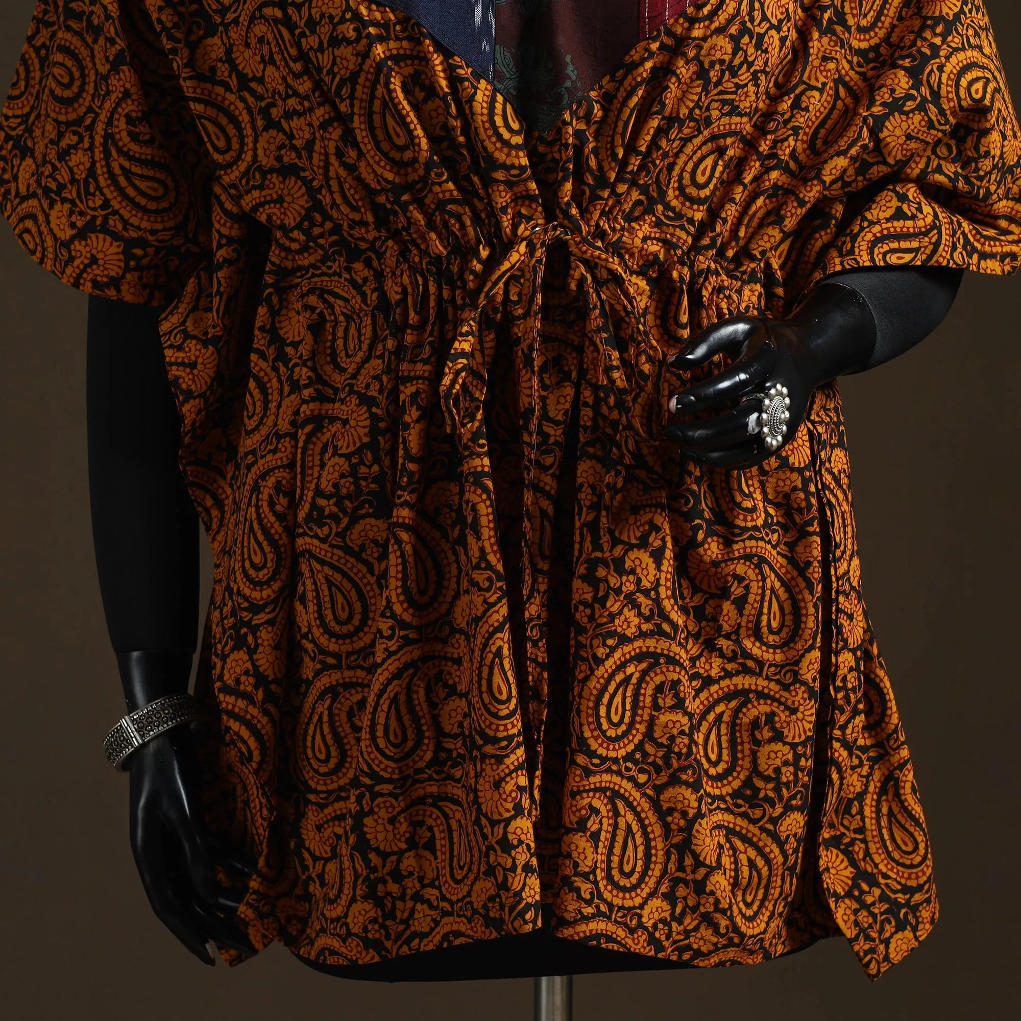 Orange - Natural Dyed Hand Block Bagh Print Patchwork Cotton Kaftan (Short) 45 sold by Itokri product image thumbnail 4