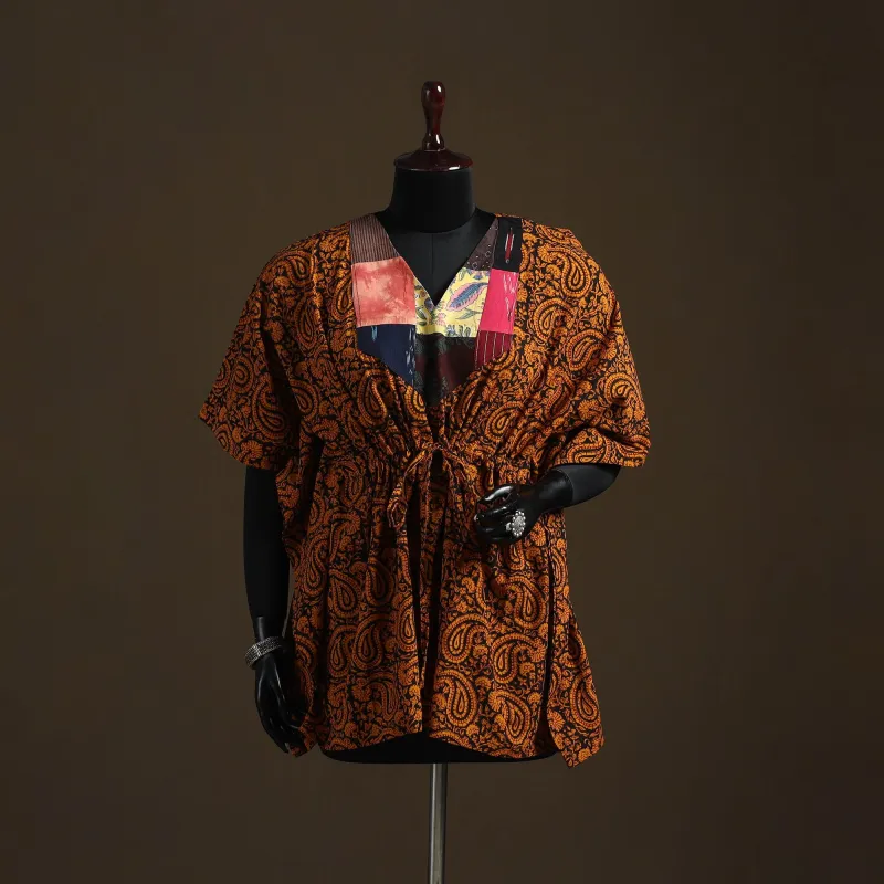 Orange - Natural Dyed Hand Block Bagh Print Patchwork Cotton Kaftan (Short) 45 made by Itokri