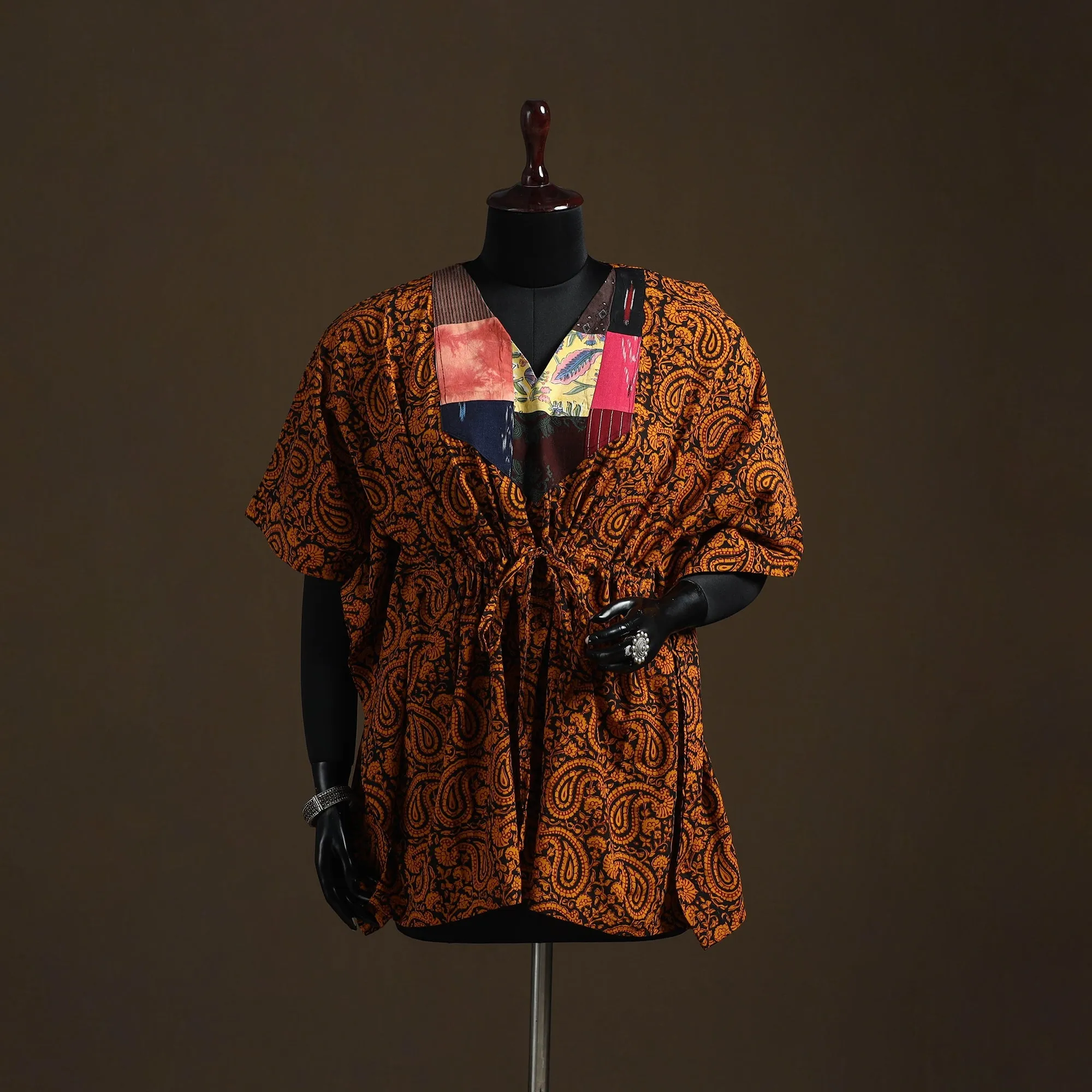 Orange - Natural Dyed Hand Block Bagh Print Patchwork Cotton Kaftan (Short) 45 sold by Itokri