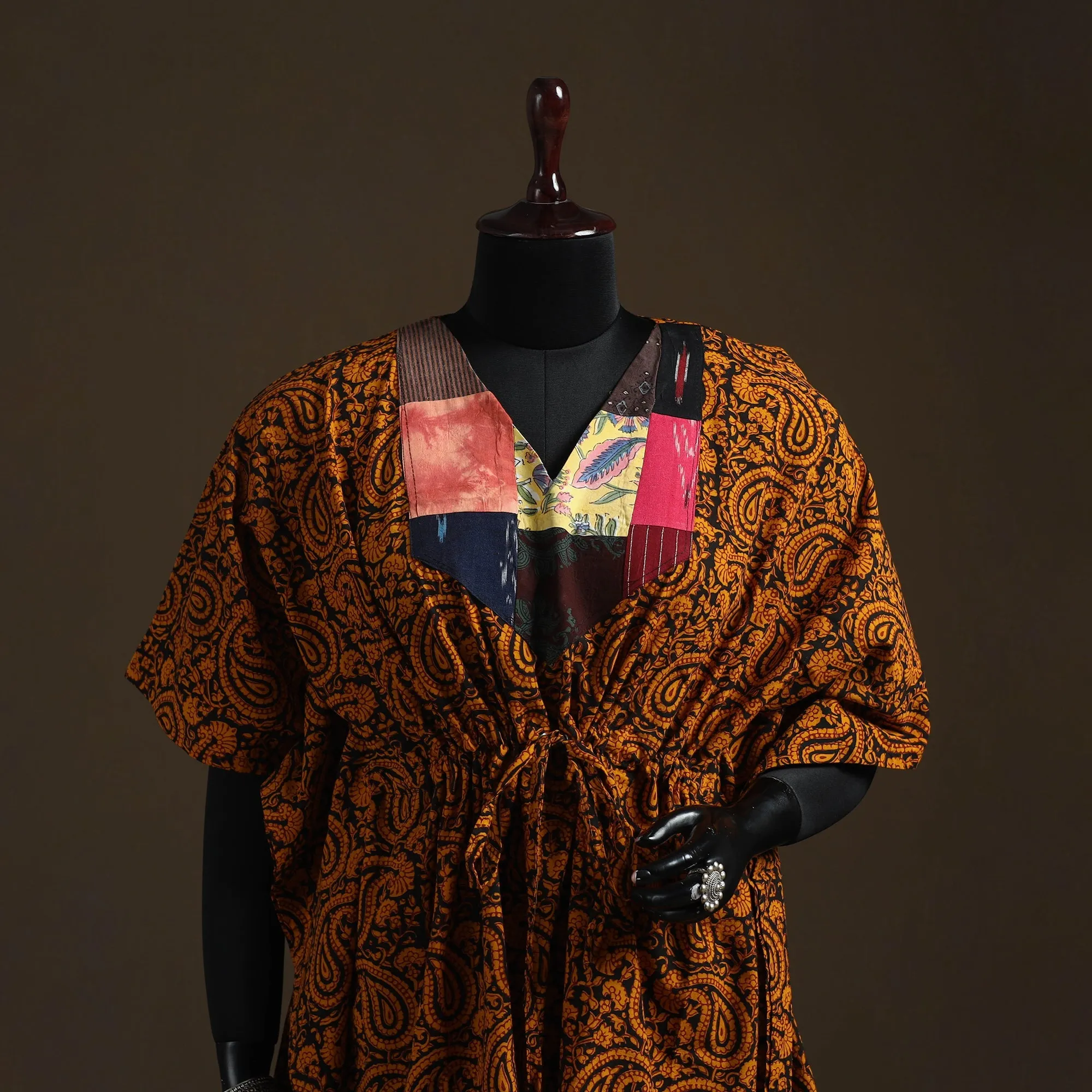 Orange - Natural Dyed Hand Block Bagh Print Patchwork Cotton Kaftan (Short) 45 sold by Itokri product image thumbnail 2