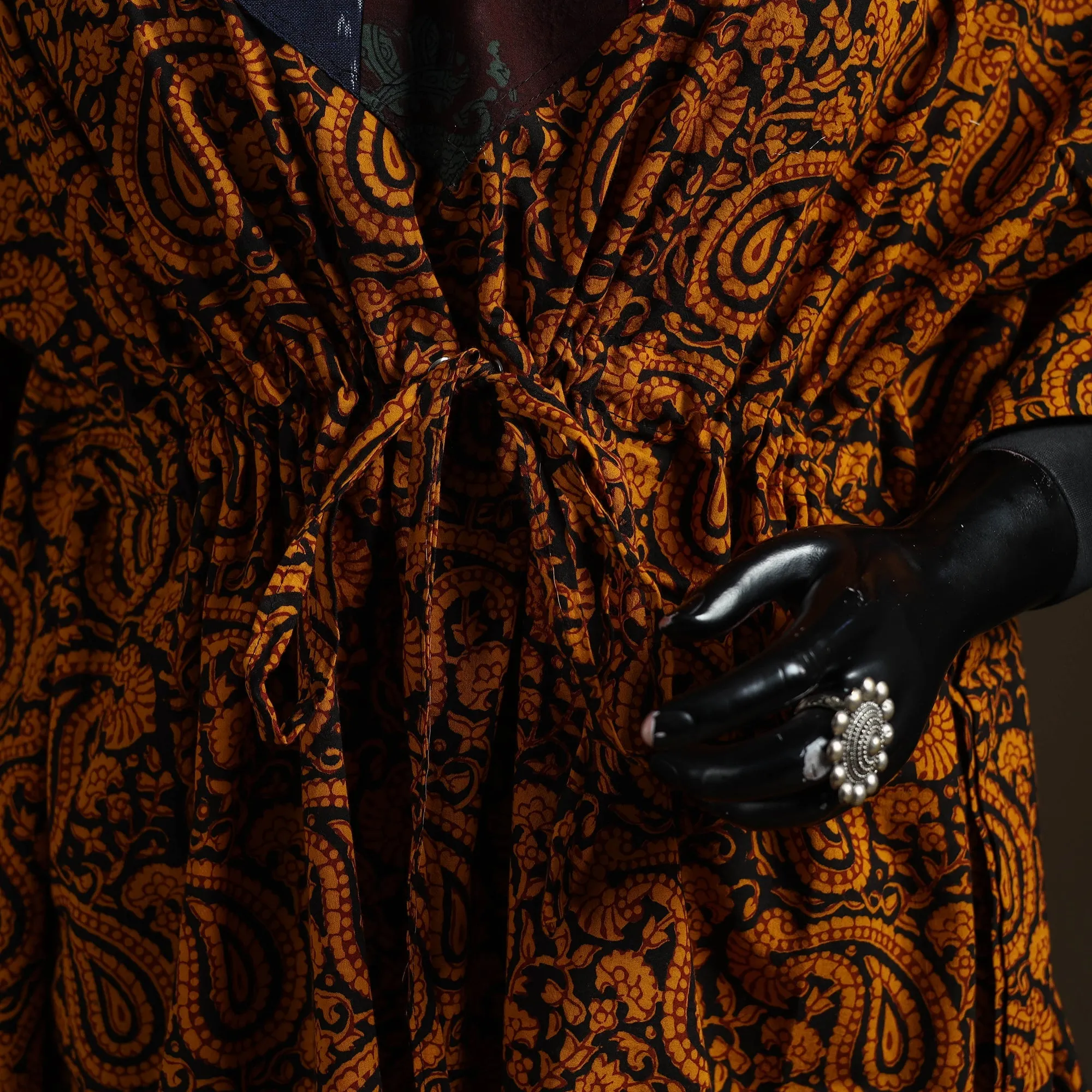 Orange - Natural Dyed Hand Block Bagh Print Patchwork Cotton Kaftan (Short) 45 sold by Itokri product image thumbnail 3