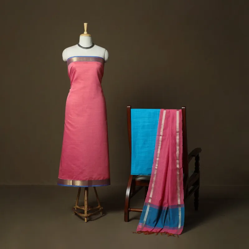 Pink - Mangalagiri Silk Cotton 3pc Unstitched Dress Material with Zari Border 65 made by Itokri