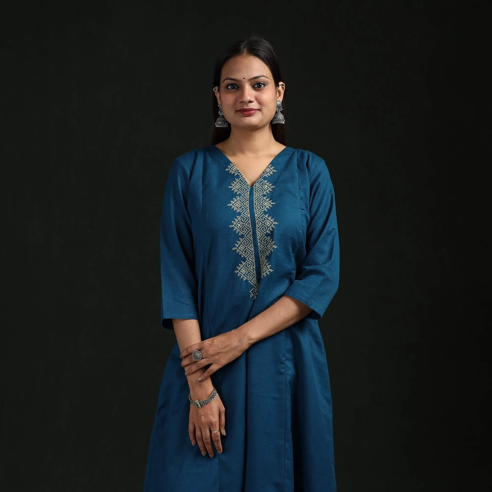 Blue - Flex Cotton Plain Hand Embroidered A-Line Kurta for women 11 sold by Itokri product image thumbnail 2