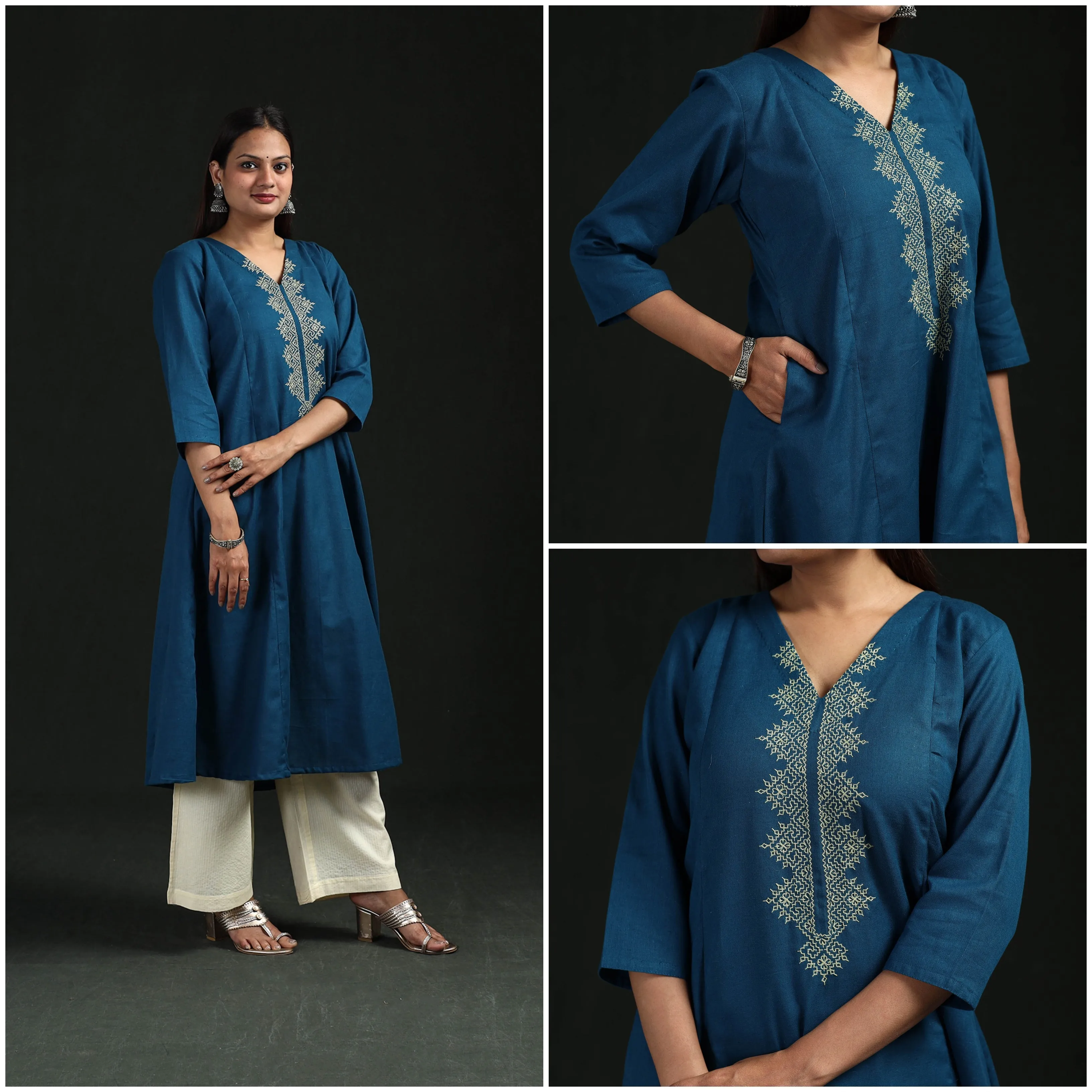 Blue - Flex Cotton Plain Hand Embroidered A-Line Kurta for women 11 sold by Itokri product image thumbnail 3