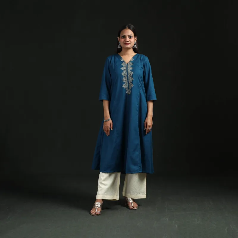 Blue - Flex Cotton Plain Hand Embroidered A-Line Kurta for women 11 sold by Itokri