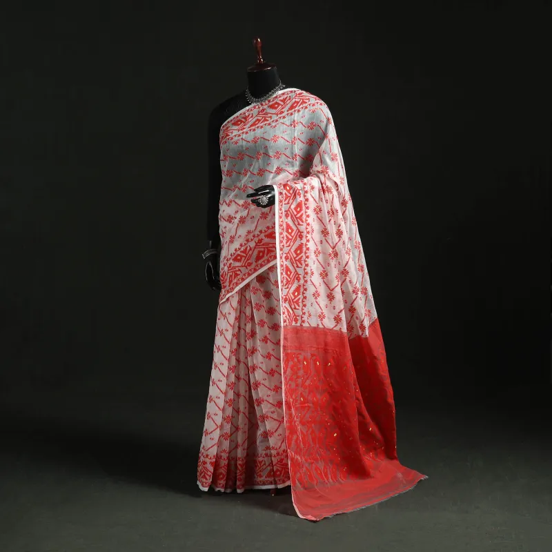 White - Silk Cotton Dhakai Jamdani Saree  24 made by Itokri