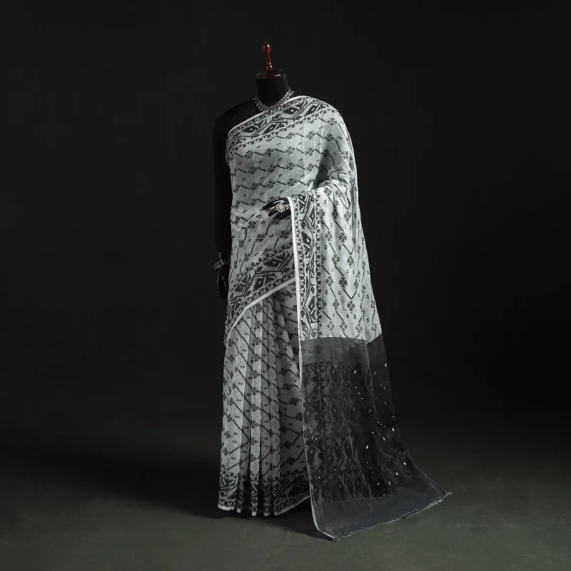 White - Silk Cotton Dhakai Jamdani Saree  16 made by Itokri