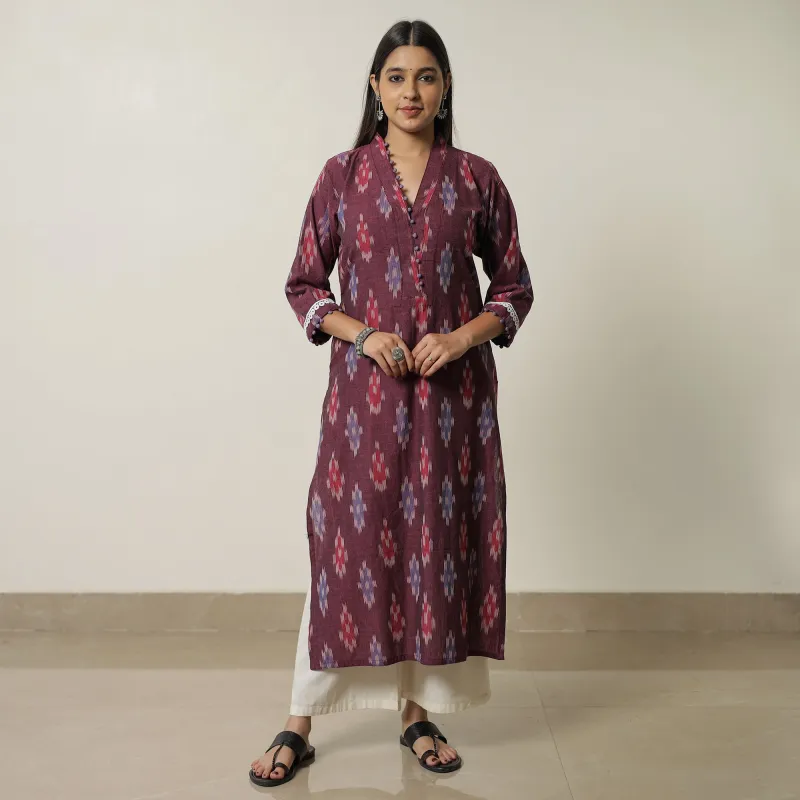 Purple - Pochampally Ikat Weave Cotton Straight Kurta 14 made by Itokri