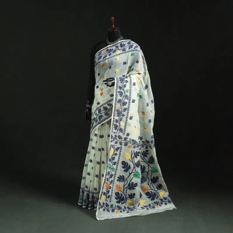 White - Silk Cotton Dhakai Jamdani Saree 21 made by Itokri