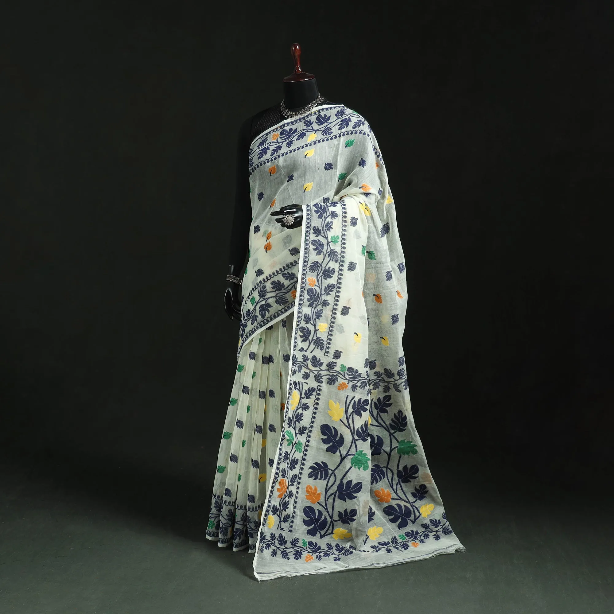 White - Silk Cotton Dhakai Jamdani Saree 21 sold by Itokri