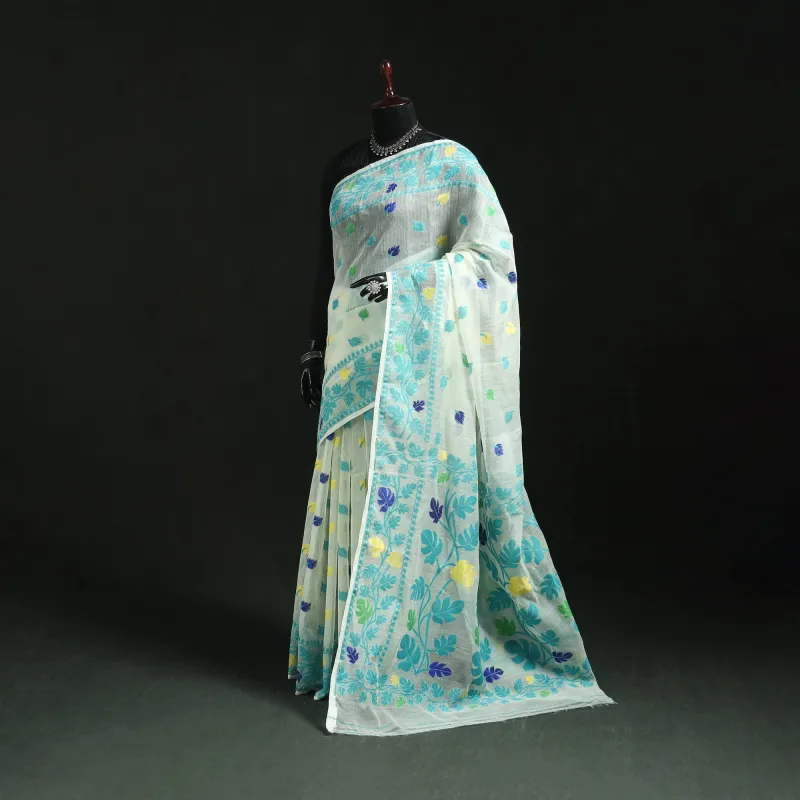 Blue - Silk Cotton Dhakai Jamdani Saree 18 made by Itokri