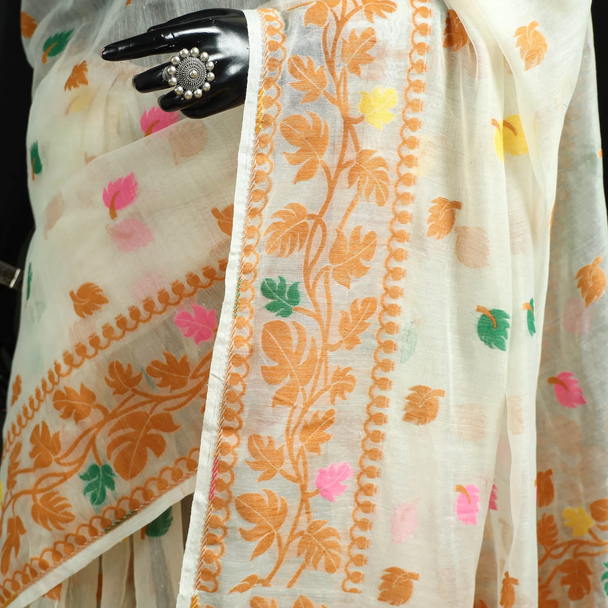 Orange - Silk Cotton Dhakai Jamdani Saree 16 sold by Itokri product image thumbnail 3