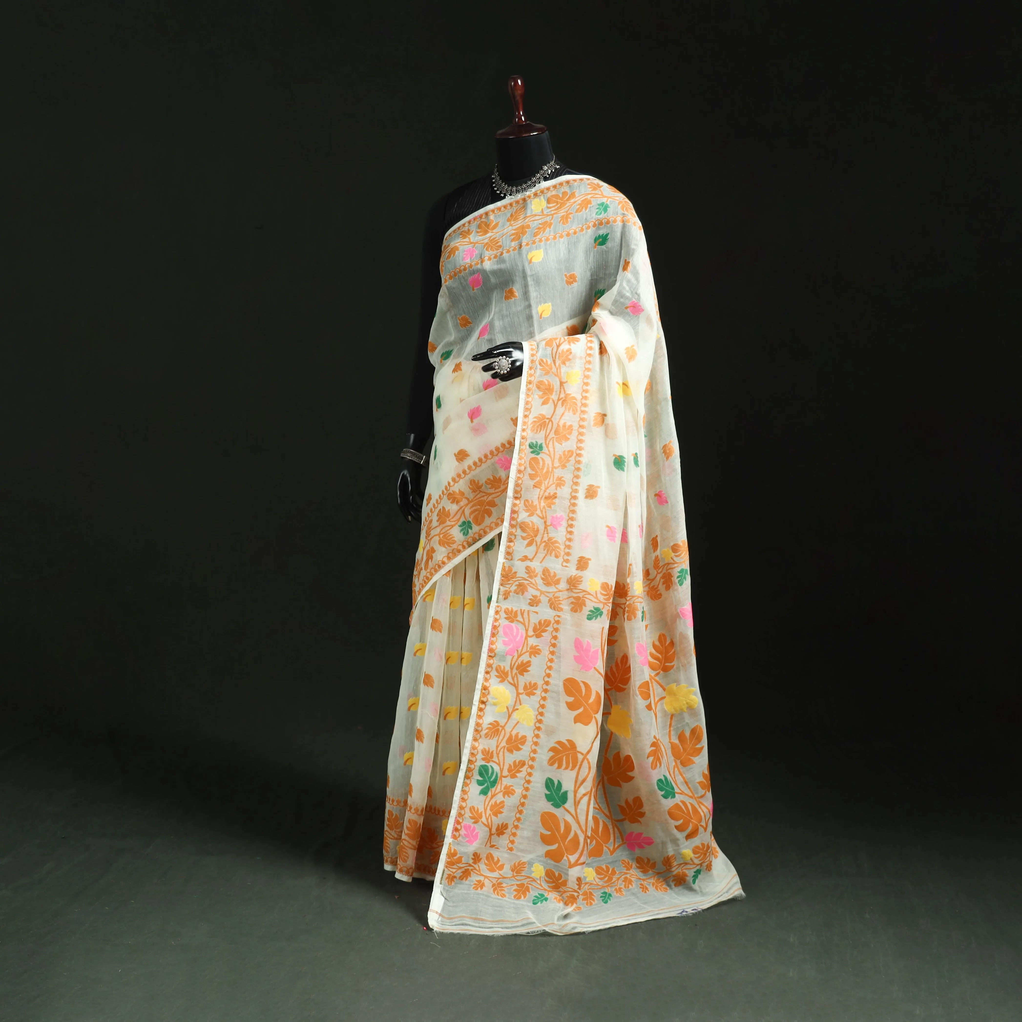 Orange - Silk Cotton Dhakai Jamdani Saree 16 sold by Itokri