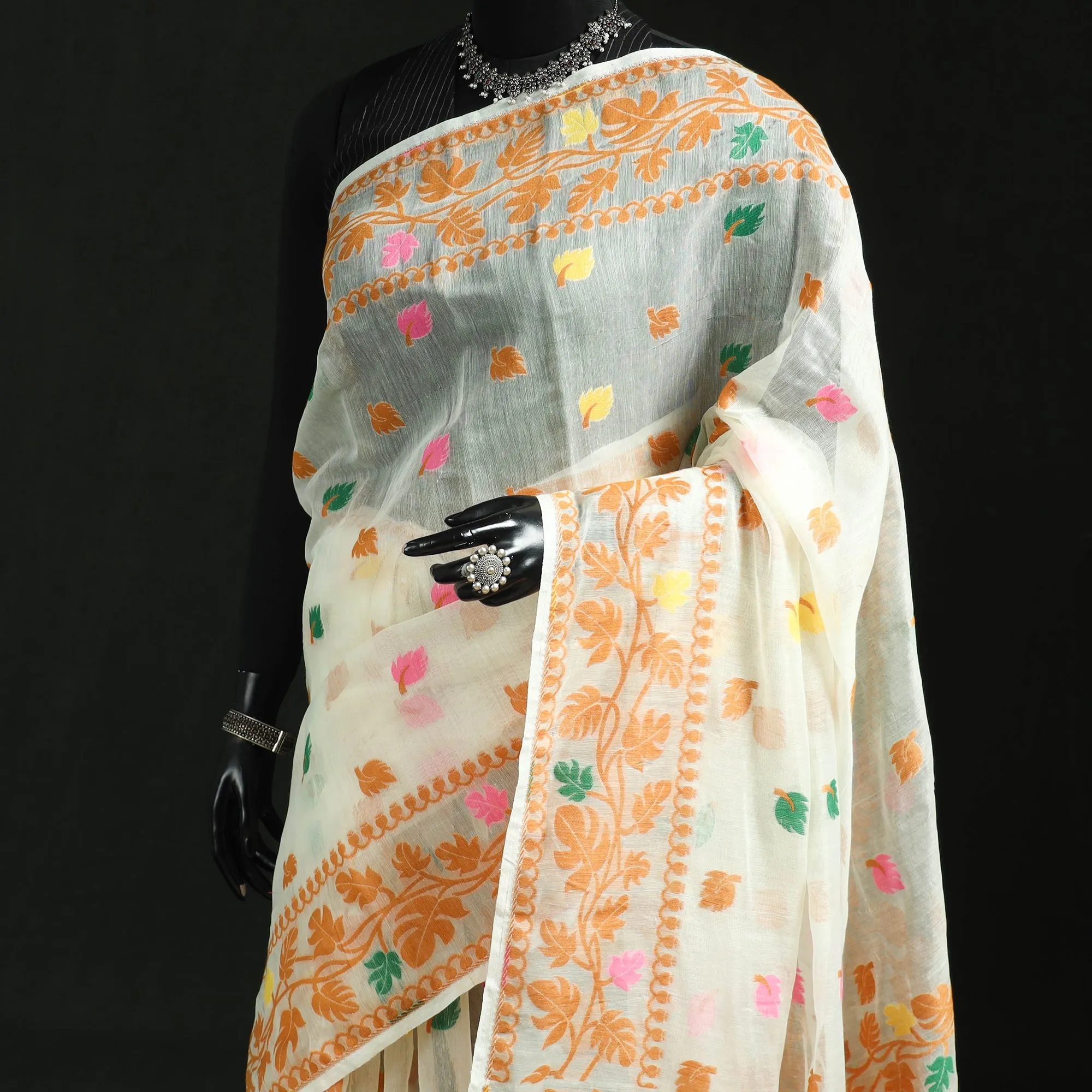 Orange - Silk Cotton Dhakai Jamdani Saree 16 sold by Itokri product image thumbnail 2