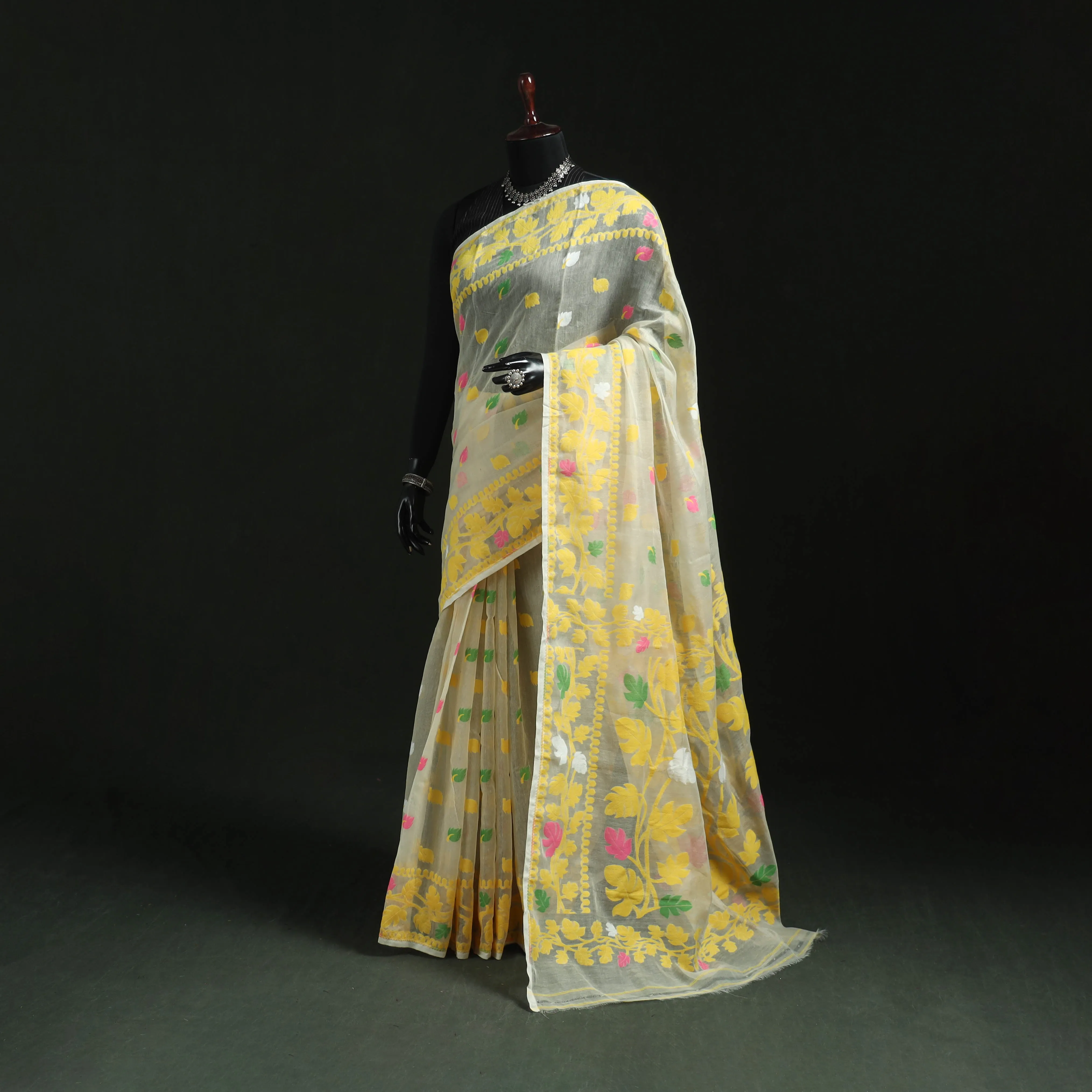Yellow - Silk Cotton Dhakai Jamdani Saree 13 sold by Itokri