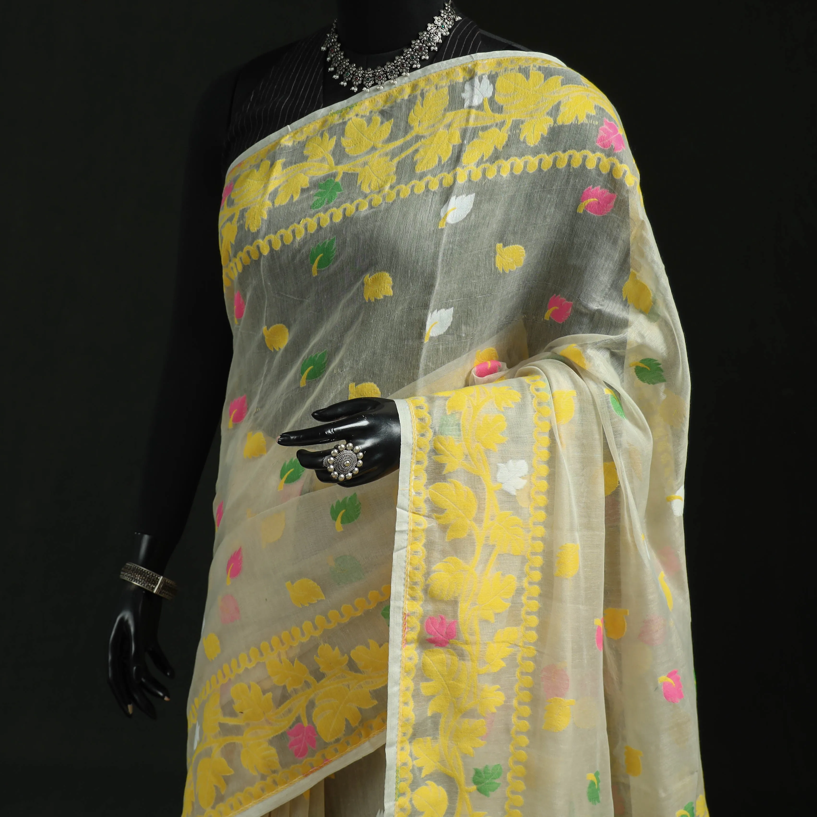 Yellow - Silk Cotton Dhakai Jamdani Saree 13 sold by Itokri product image thumbnail 2