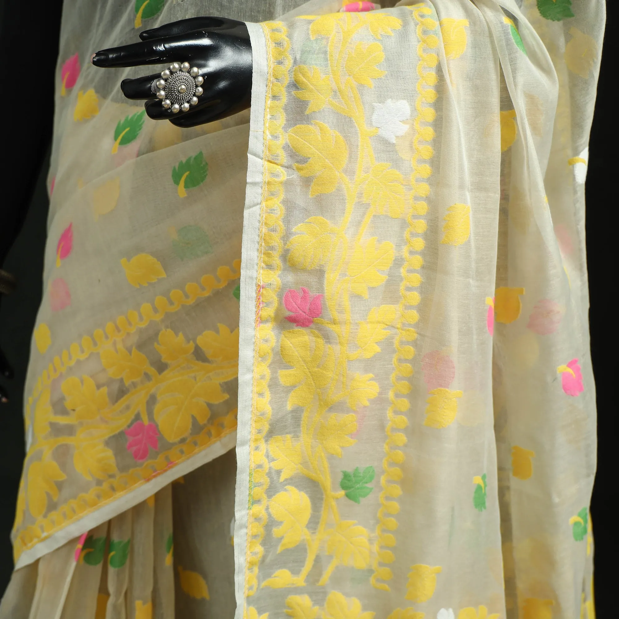 Yellow - Silk Cotton Dhakai Jamdani Saree 13 sold by Itokri product image thumbnail 3