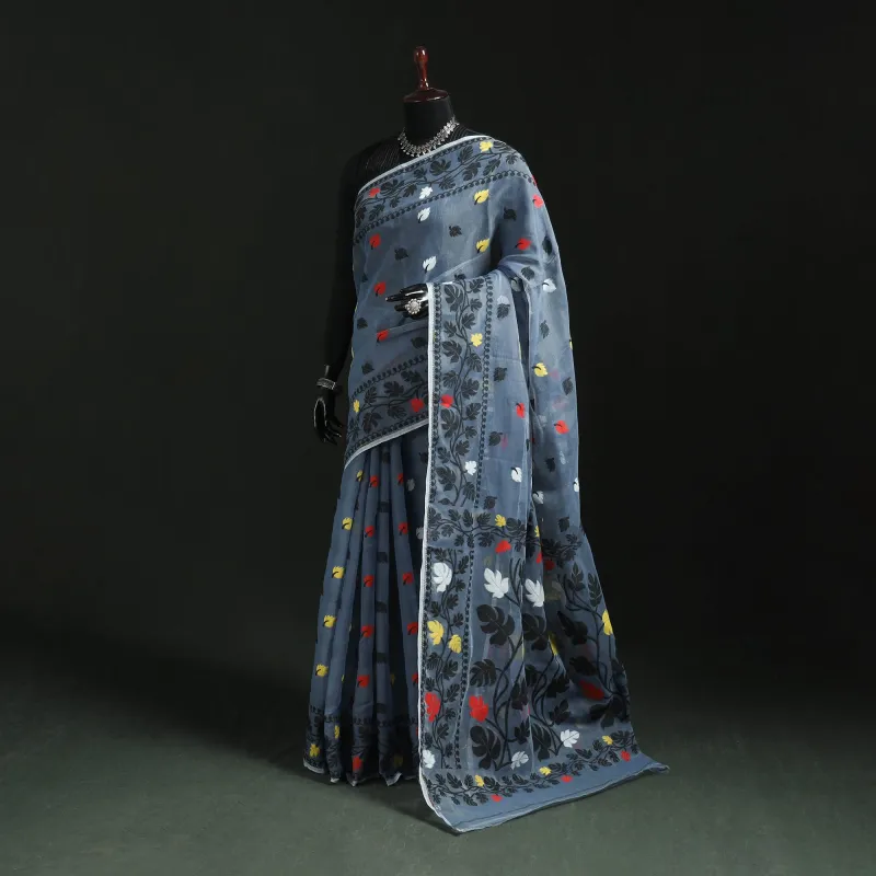 Blue - Silk Cotton Dhakai Jamdani Saree 12 made by Itokri