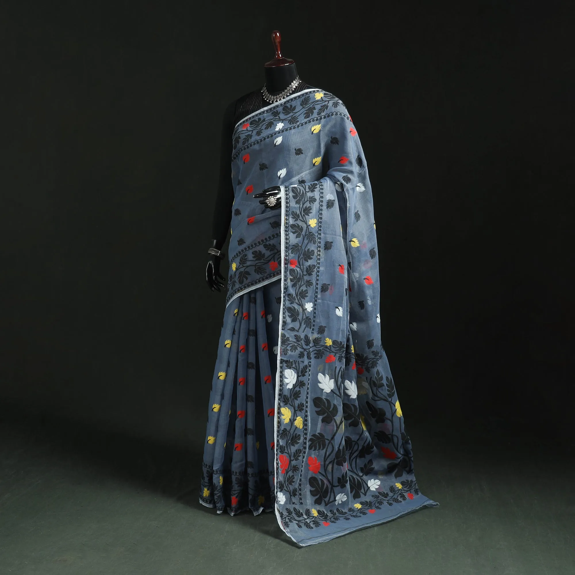 Blue - Silk Cotton Dhakai Jamdani Saree 12 sold by Itokri