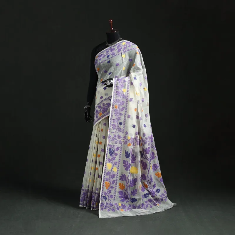 Purple - Silk Cotton Dhakai Jamdani Saree 07 made by Itokri