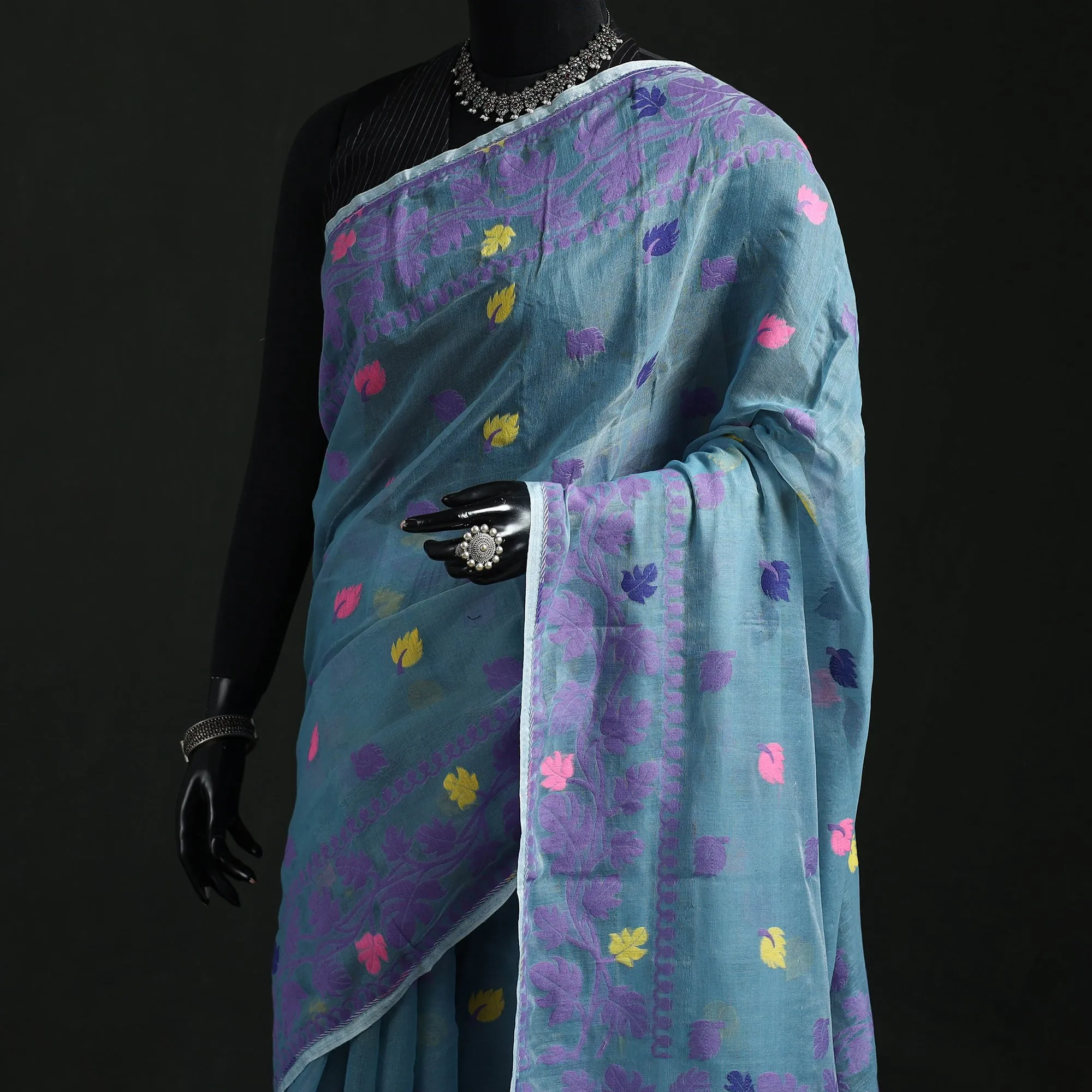 Blue - Silk Cotton Dhakai Jamdani Saree 02 sold by Itokri product image thumbnail 2