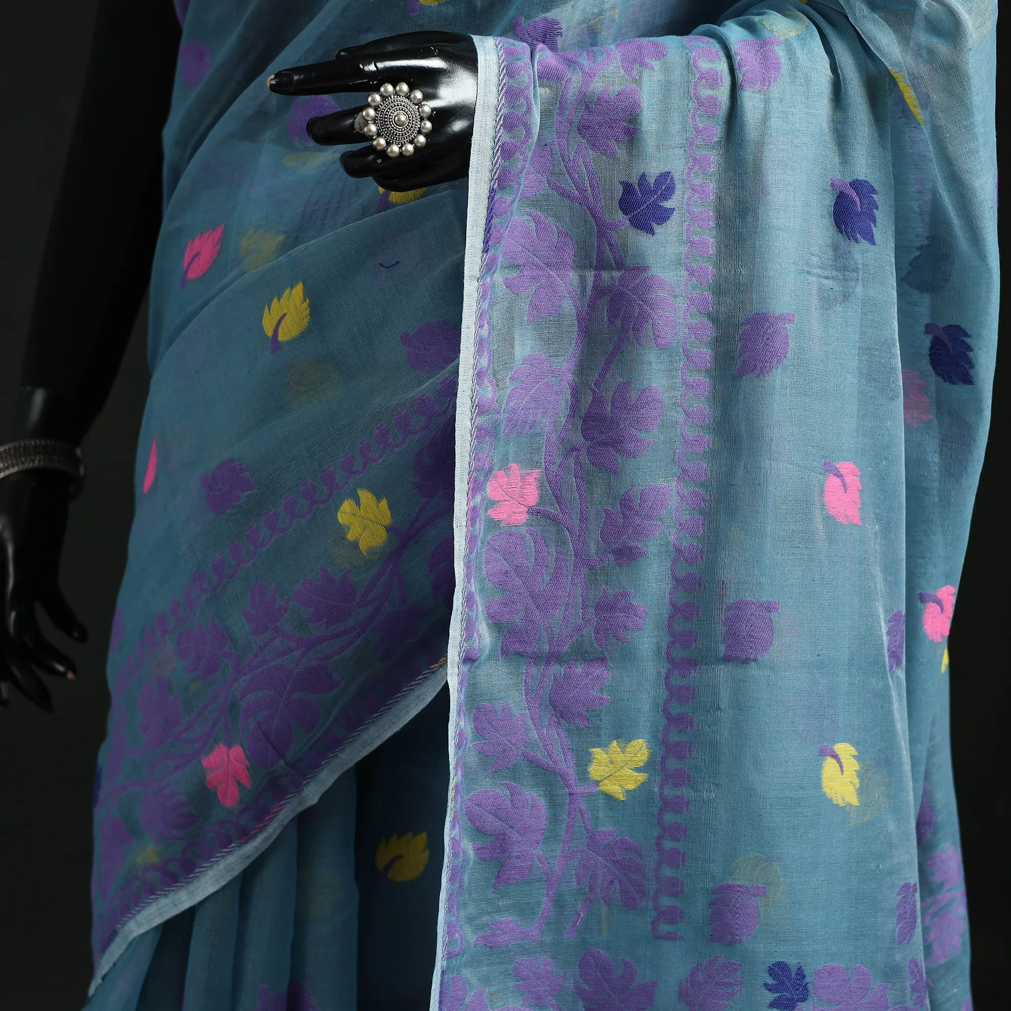 Blue - Silk Cotton Dhakai Jamdani Saree 02 sold by Itokri product image thumbnail 3