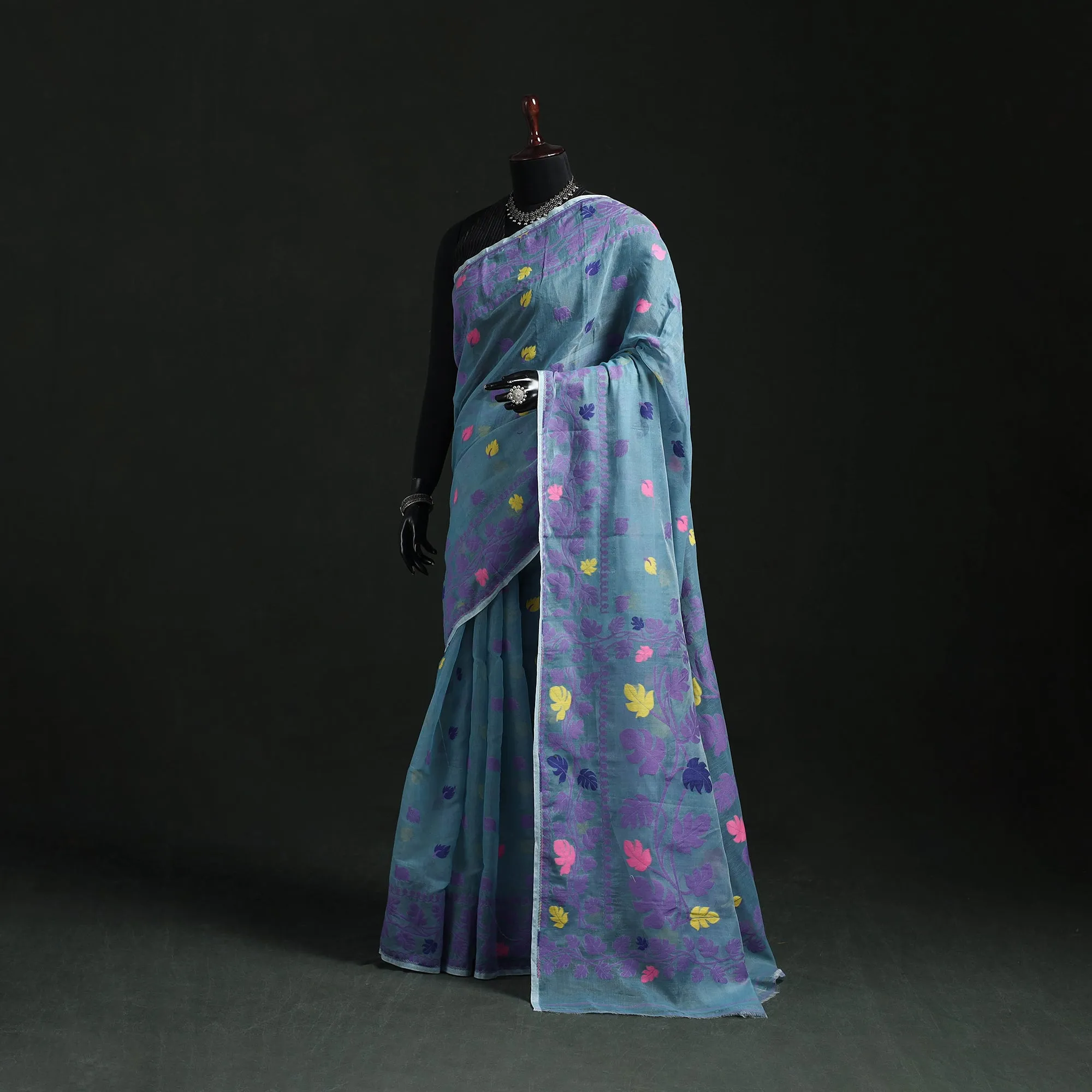 Blue - Silk Cotton Dhakai Jamdani Saree 02 sold by Itokri