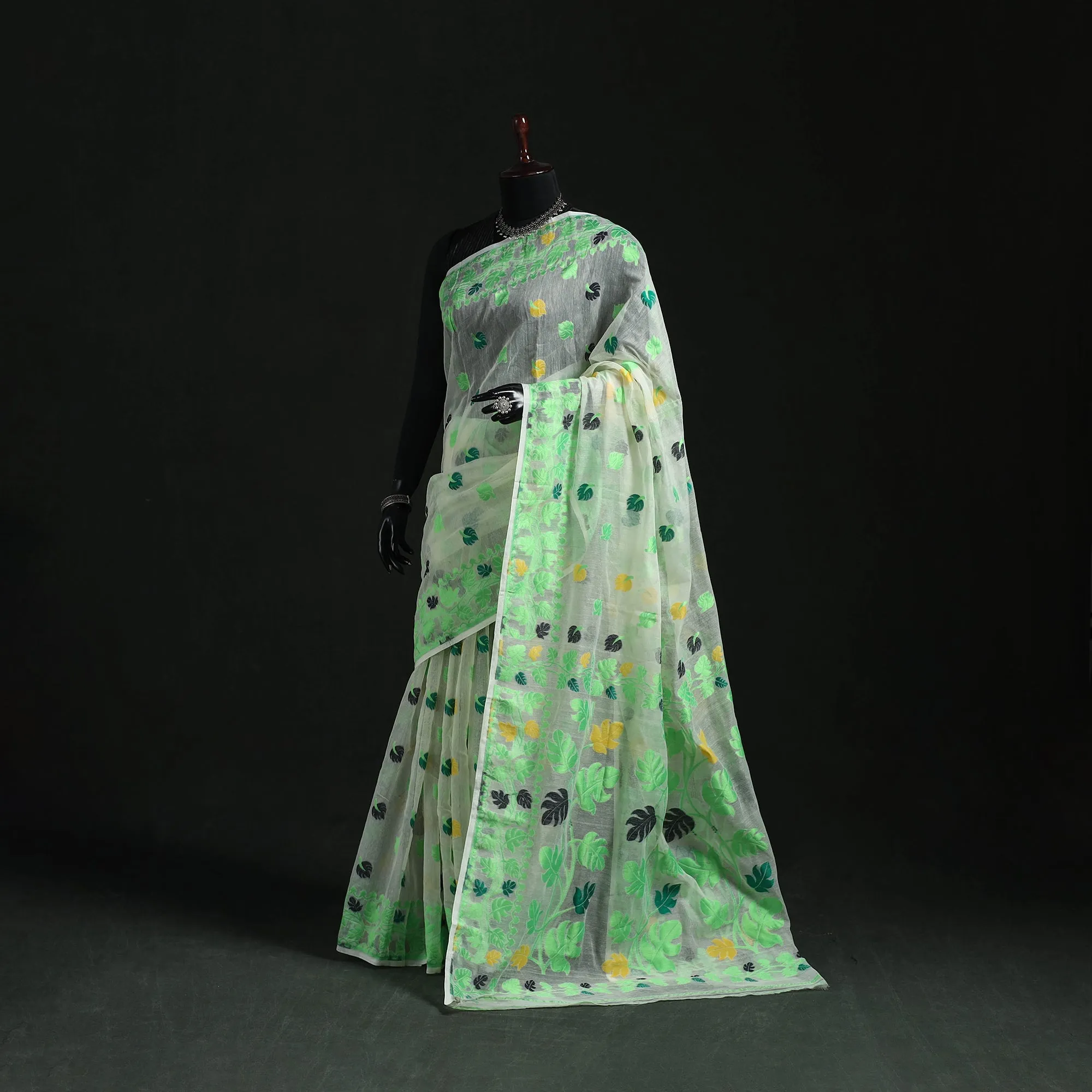 Green - Silk Cotton Dhakai Jamdani Saree 01 sold by Itokri