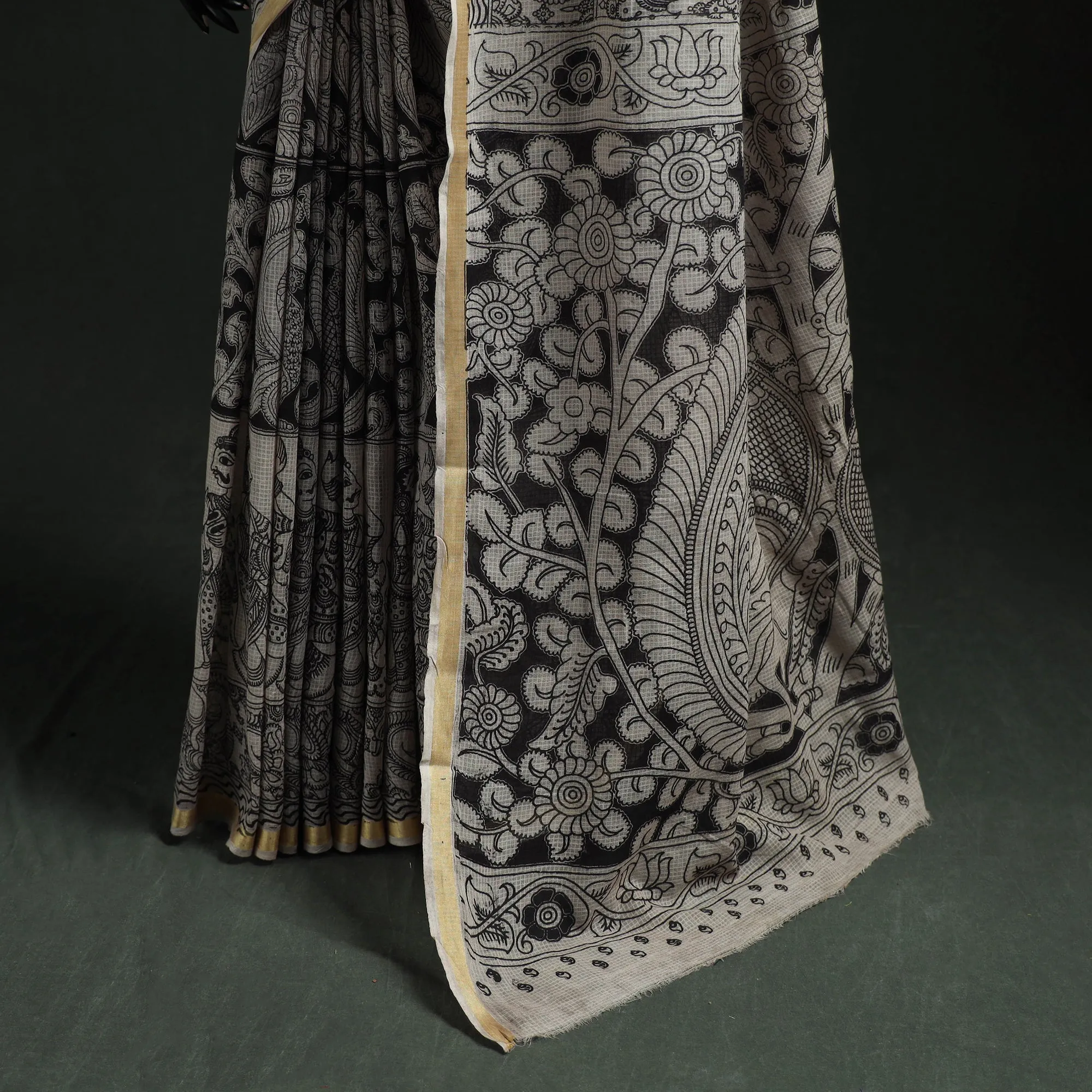 Black - Kota Doria Cotton Printed Kalamkari Saree 16 sold by Itokri product image thumbnail 4