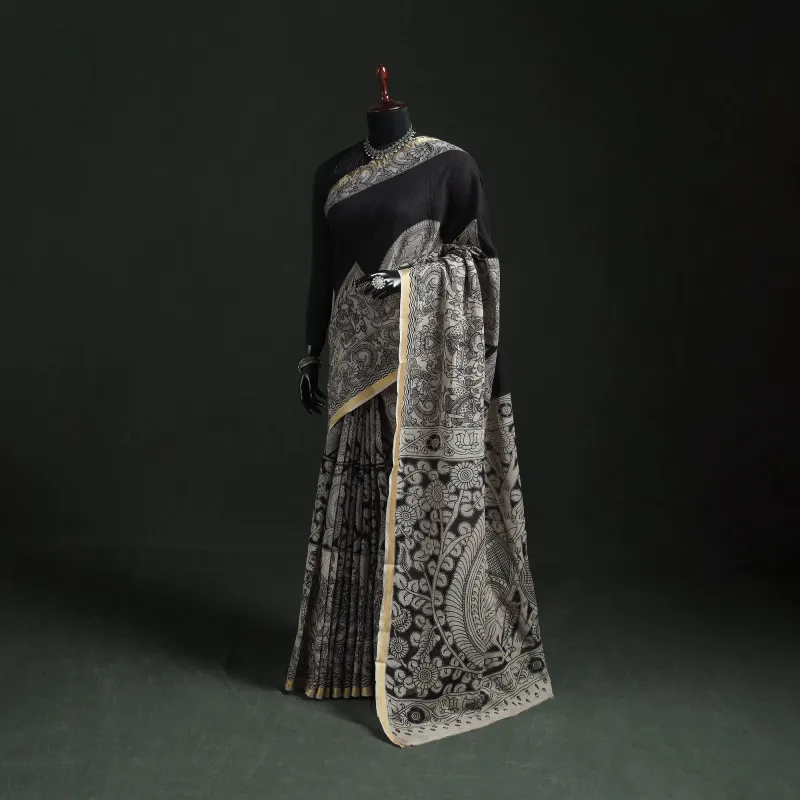 Black - Kota Doria Cotton Printed Kalamkari Saree 16 made by Itokri