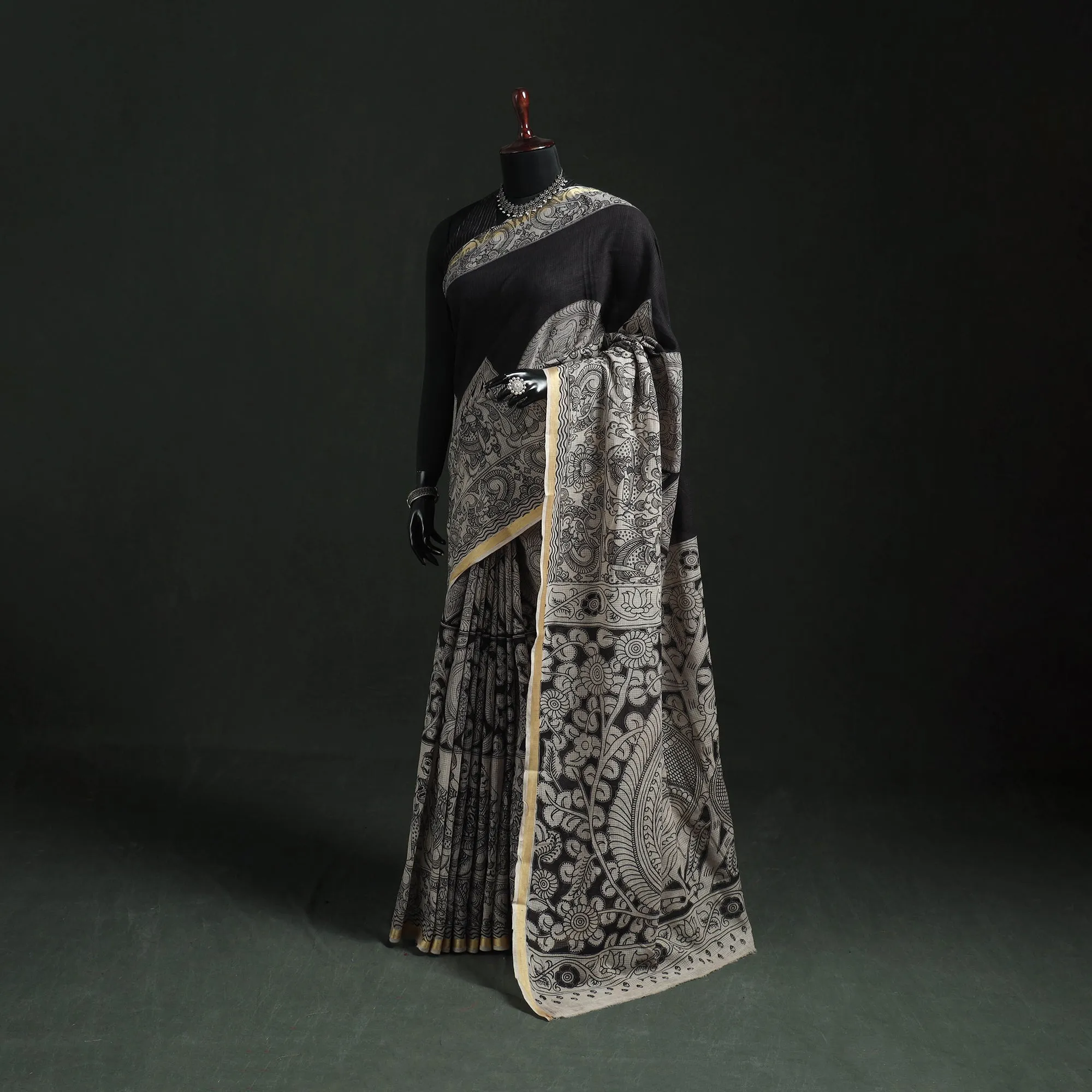 Black - Kota Doria Cotton Printed Kalamkari Saree 16 sold by Itokri