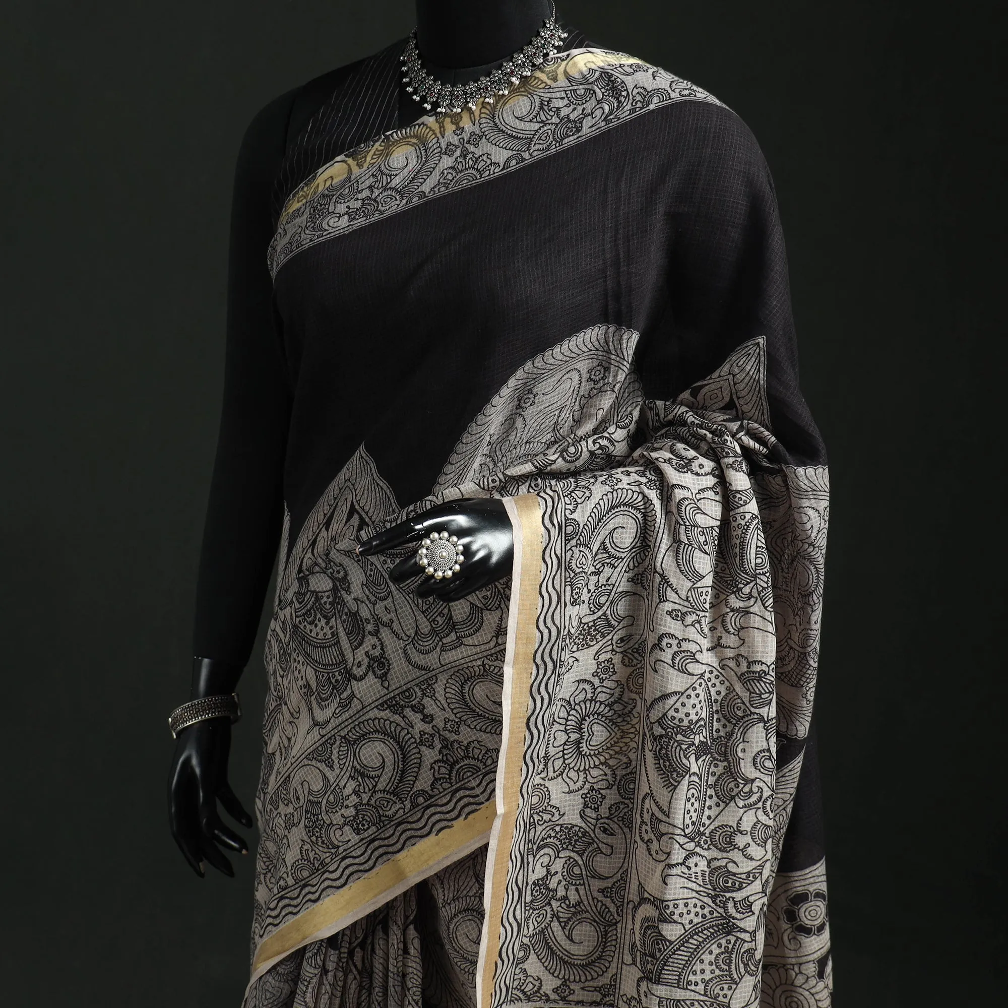 Black - Kota Doria Cotton Printed Kalamkari Saree 16 sold by Itokri product image thumbnail 2