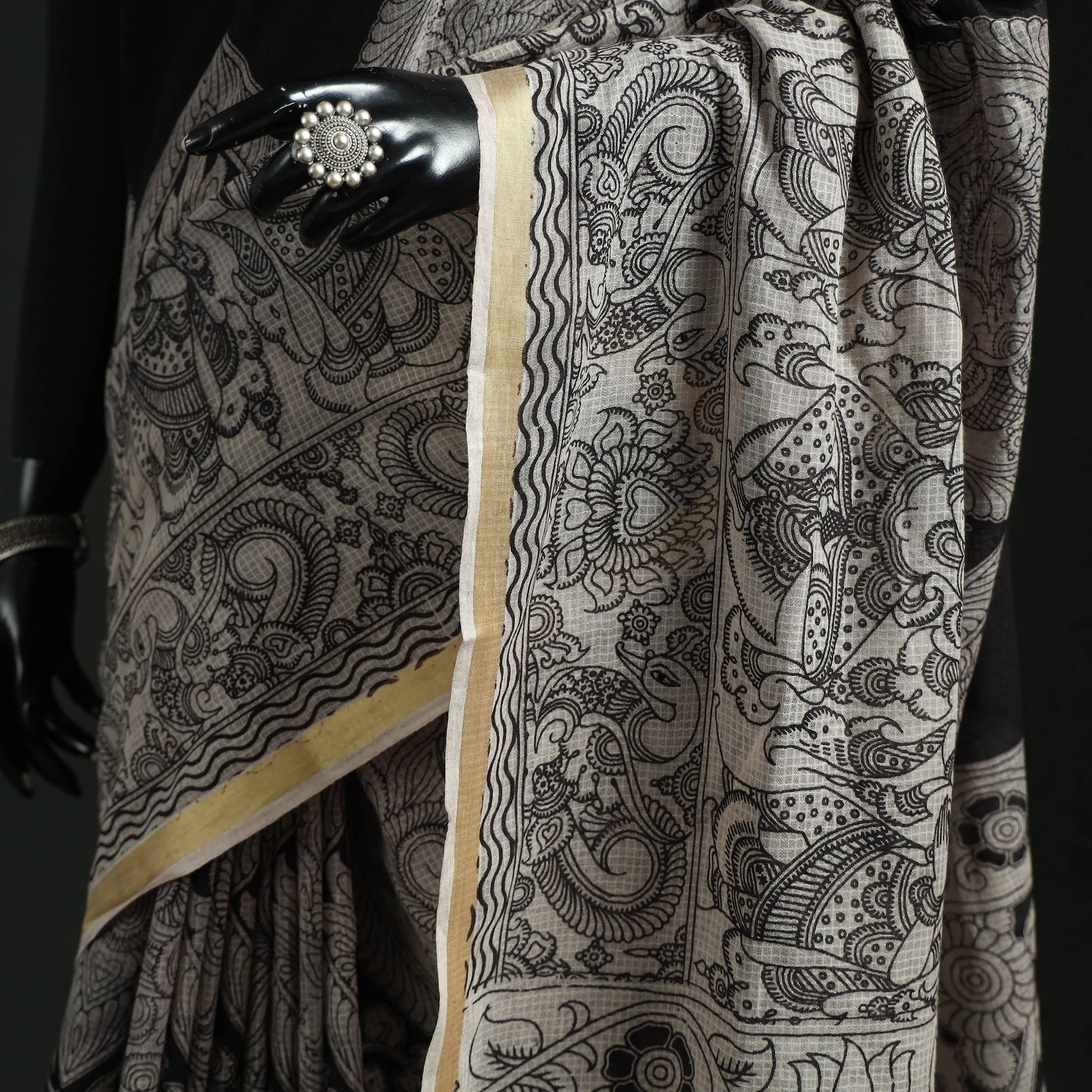 Black - Kota Doria Cotton Printed Kalamkari Saree 16 sold by Itokri product image thumbnail 3