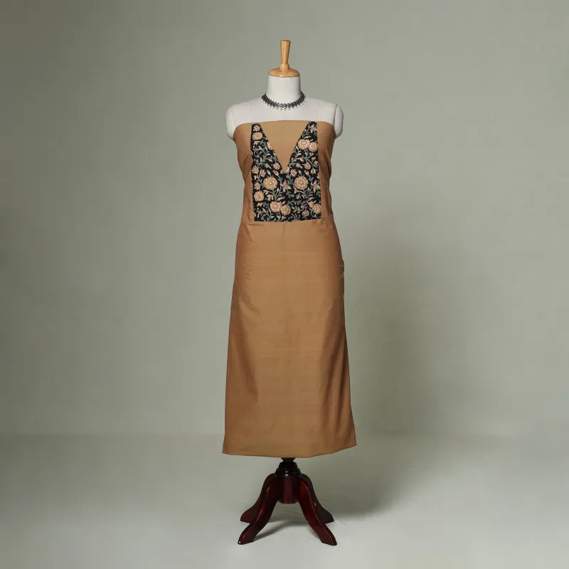 Brown - Mangalagiri Handloom Cotton Patchwork Unstitched Kurta Material (2.5M) 08 made by Itokri