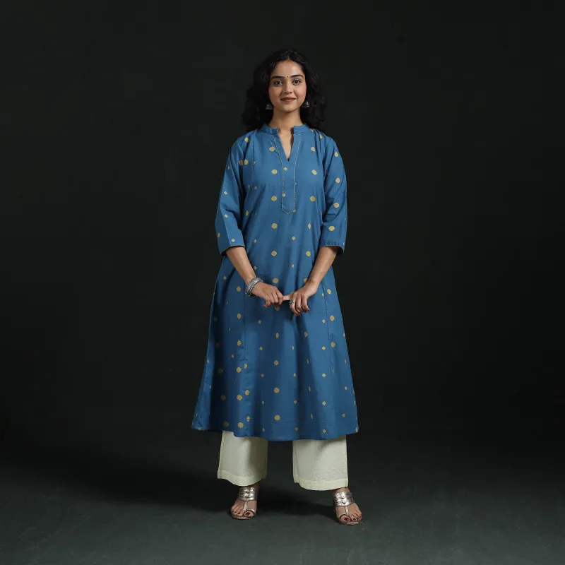 Blue - Hand Embroidery A-Line Cotton Jacquard Kurta for women 12 made by Itokri