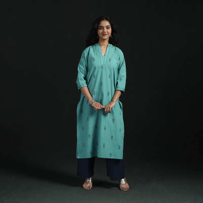 Blue - Hand Embroidery Straight Cotton Jacquard Kurta for women 07 made by Itokri