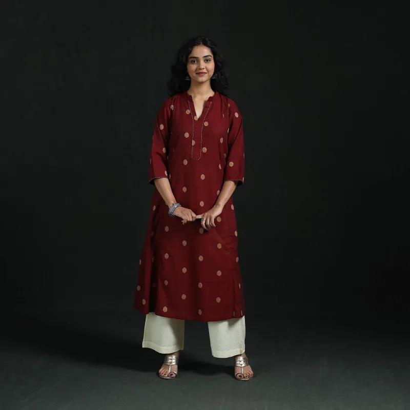 Red - Hand Embroidery A-Line Cotton Jacquard Kurta for women 11 made by Itokri