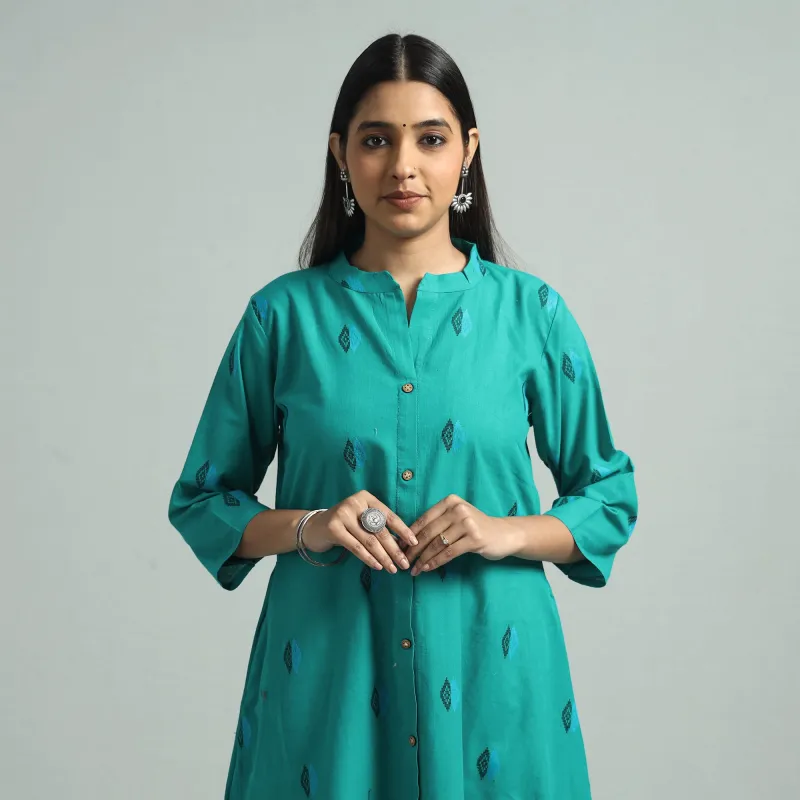Turquoise Green - Jacquard Weave Cotton A-Line Kurta made by Itokri