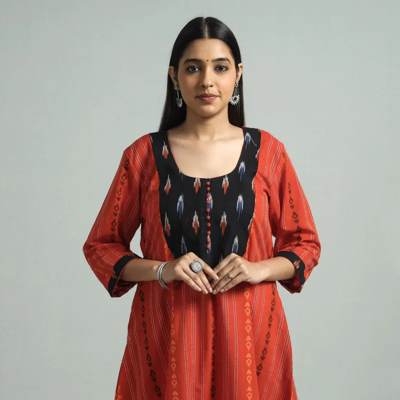 Orange - Jacquard Weave Cotton A-Line Kurta with Ikat Patchwork made by Itokri