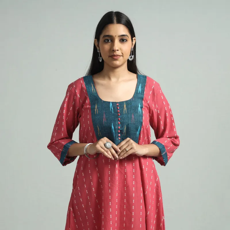 Pink - Jacquard Weave Cotton A-Line Kurta with Ikat Patchwork made by Itokri