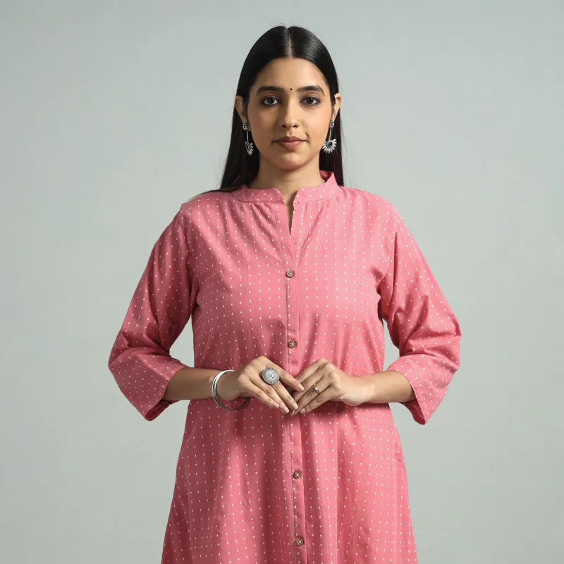 Light Pink - Jacquard Weave Cotton A-Line Kurta made by Itokri