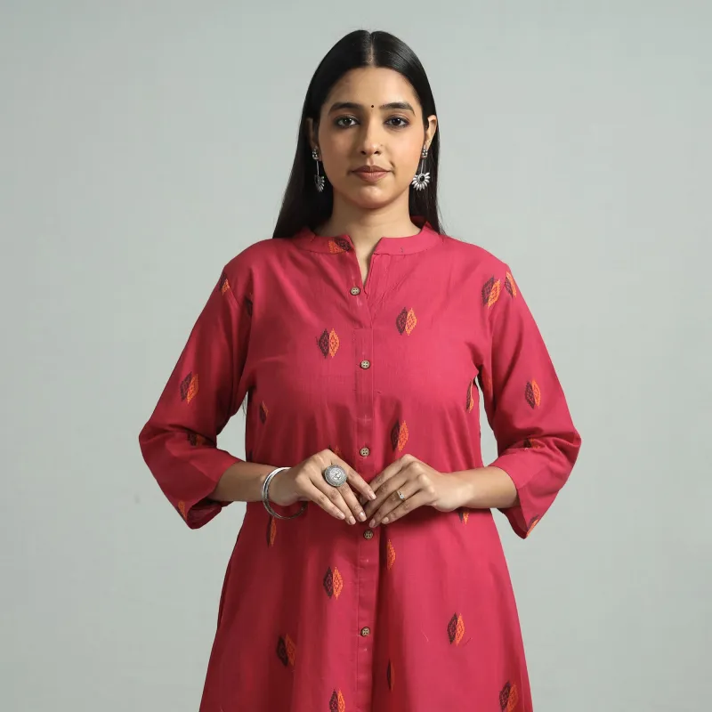 Dark Pink - Jacquard Weave Cotton A-Line Kurta made by Itokri