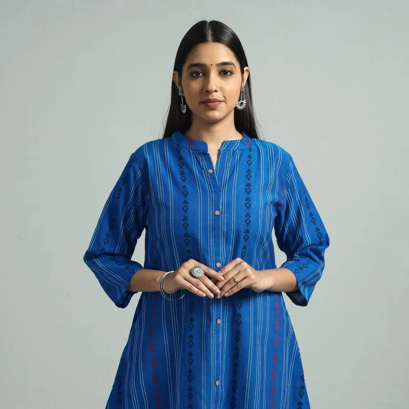 Blue - Jacquard Weave Cotton A-Line Kurta made by Itokri
