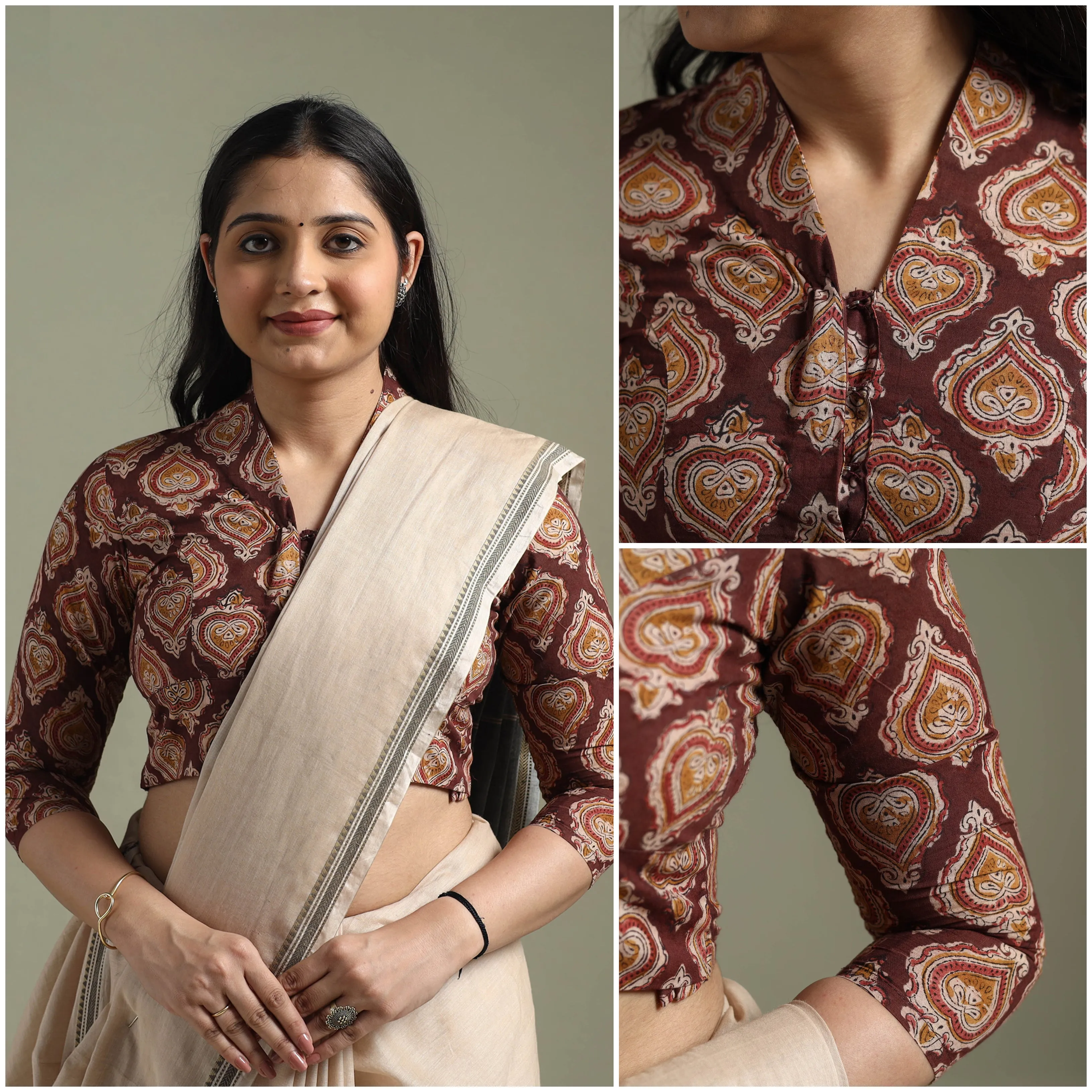 Maroon - Pedana Hand Block Print Cotton Natural Dyed Kalamkari Readymade Blouse 08 sold by Itokri product image thumbnail 3
