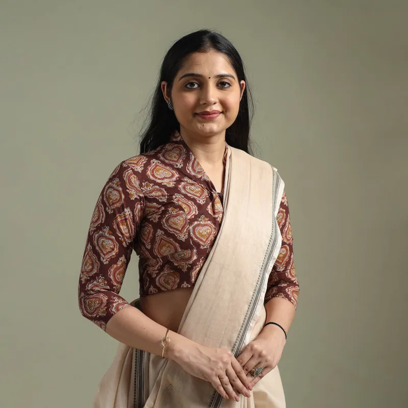 Maroon - Pedana Hand Block Print Cotton Natural Dyed Kalamkari Readymade Blouse 08 made by Itokri