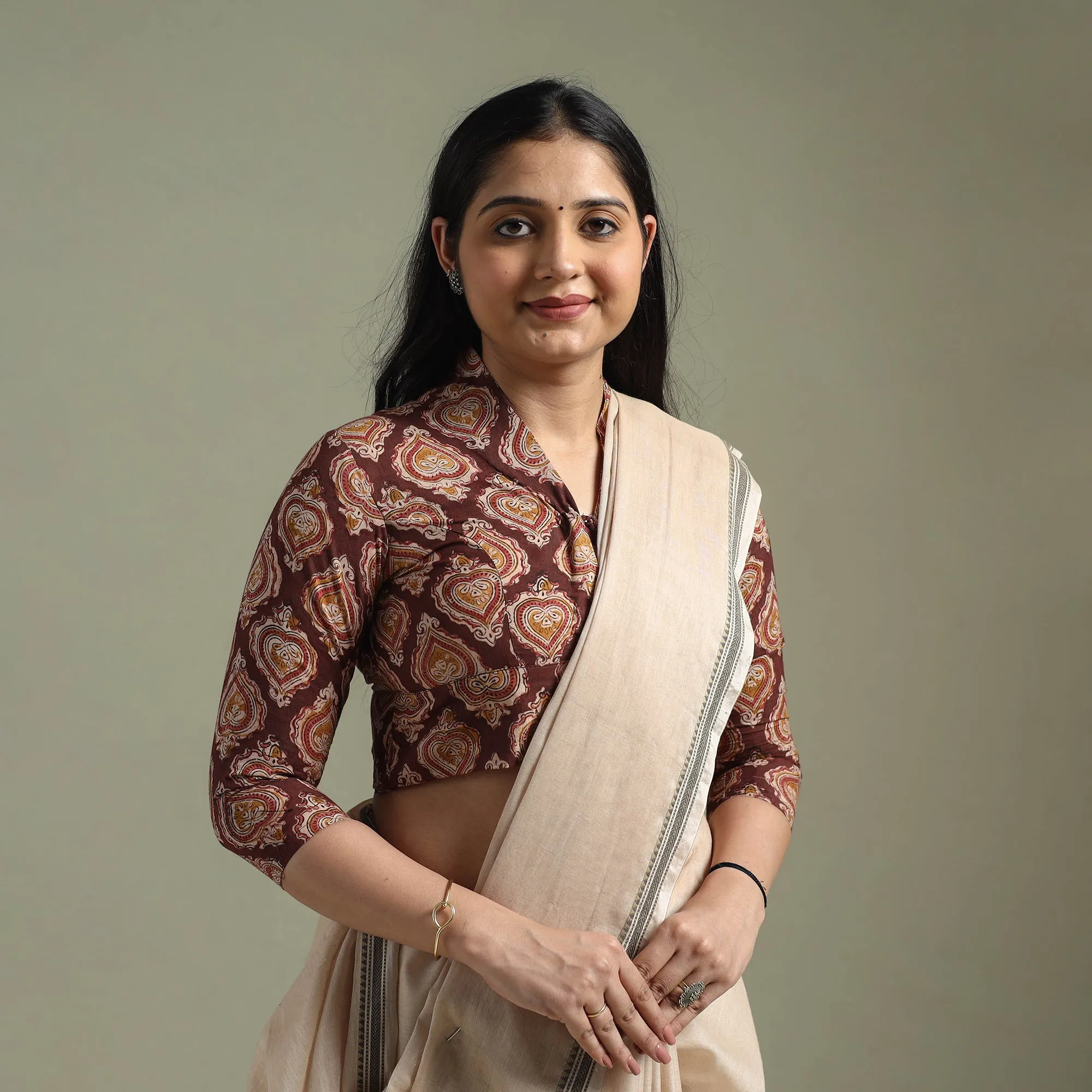 Maroon - Pedana Hand Block Print Cotton Natural Dyed Kalamkari Readymade Blouse 08 sold by Itokri