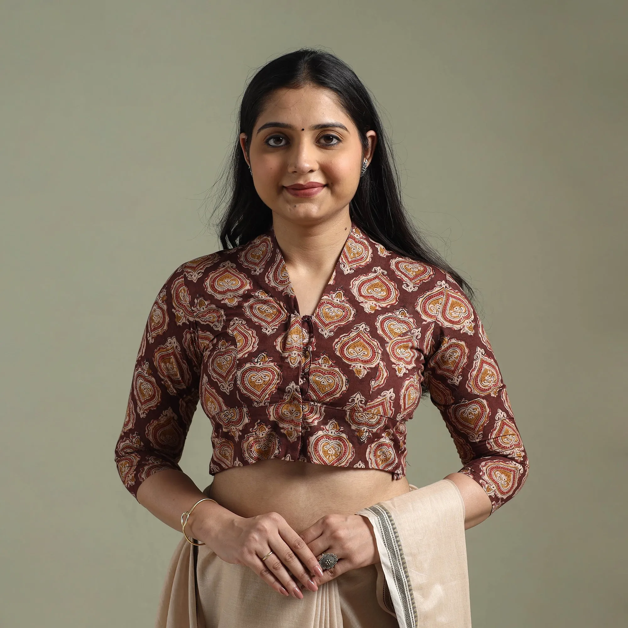 Maroon - Pedana Hand Block Print Cotton Natural Dyed Kalamkari Readymade Blouse 08 sold by Itokri product image thumbnail 2